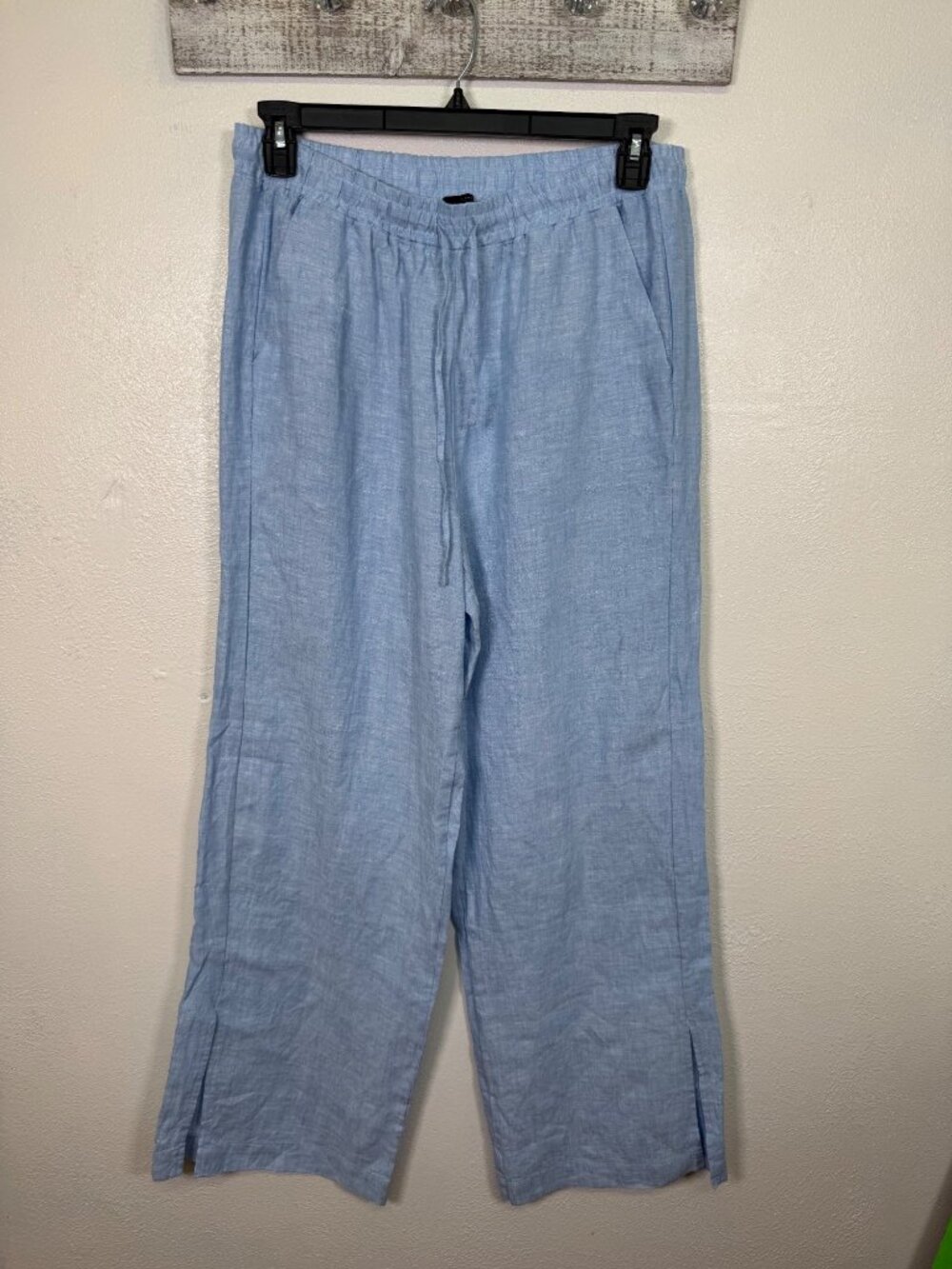 Saks Fifth Avenue Womens Light Blue Linen Wide-Leg Drawstring Pants Coastal Larg